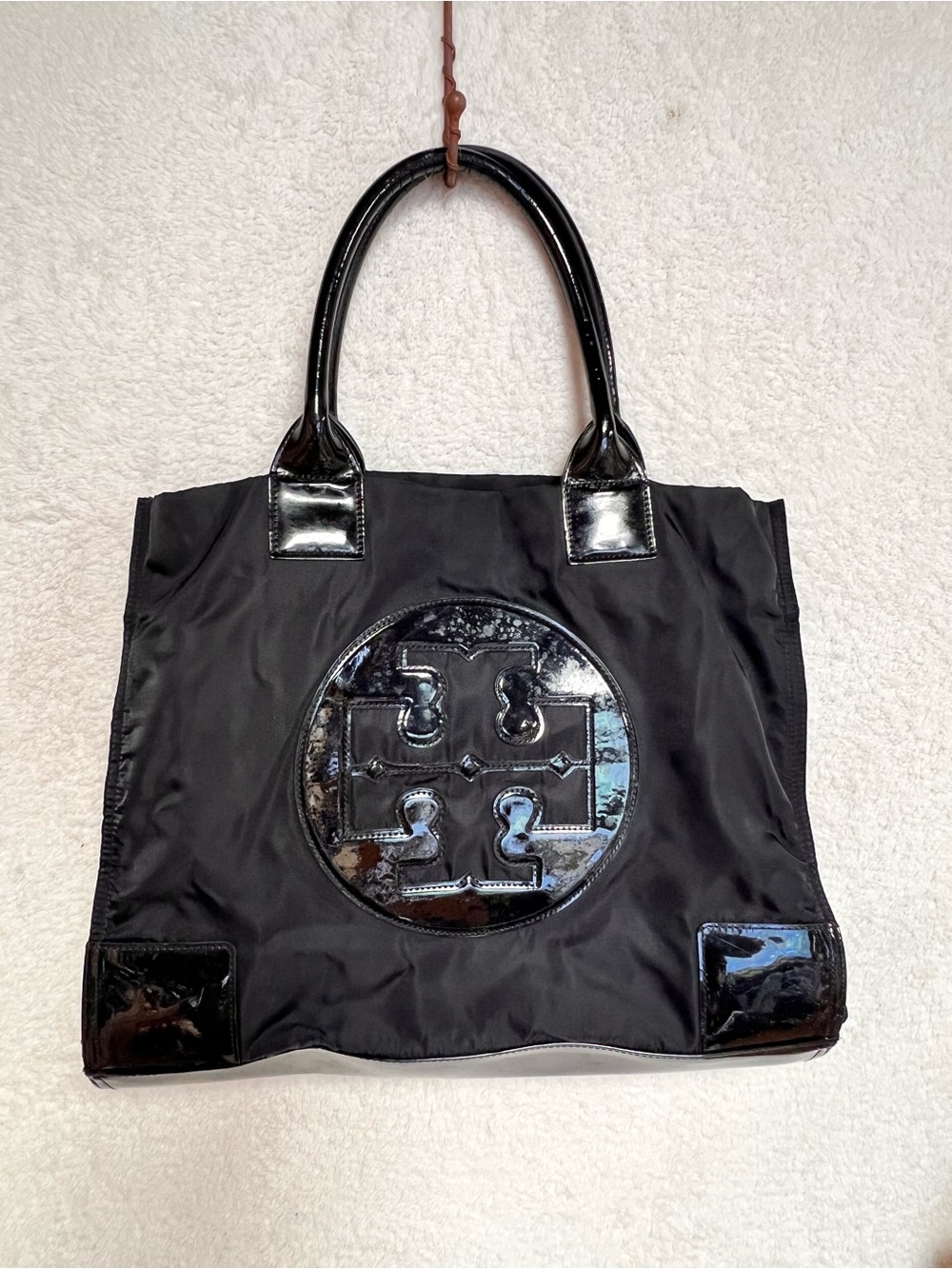 Tory Burch Black Patent-Trim Logo Tote